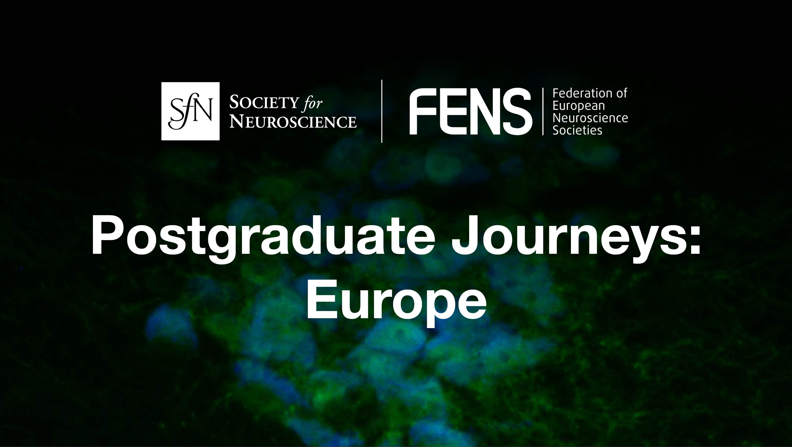 SfN logo. FENS logo. Postgraduate Journeys: Europe.