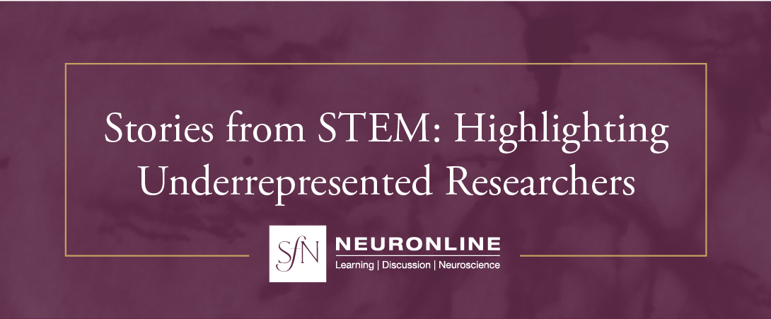 Graphic the reads "Stories from STEM: Highlighting Underrepresented Researchers" over a plum colored background.