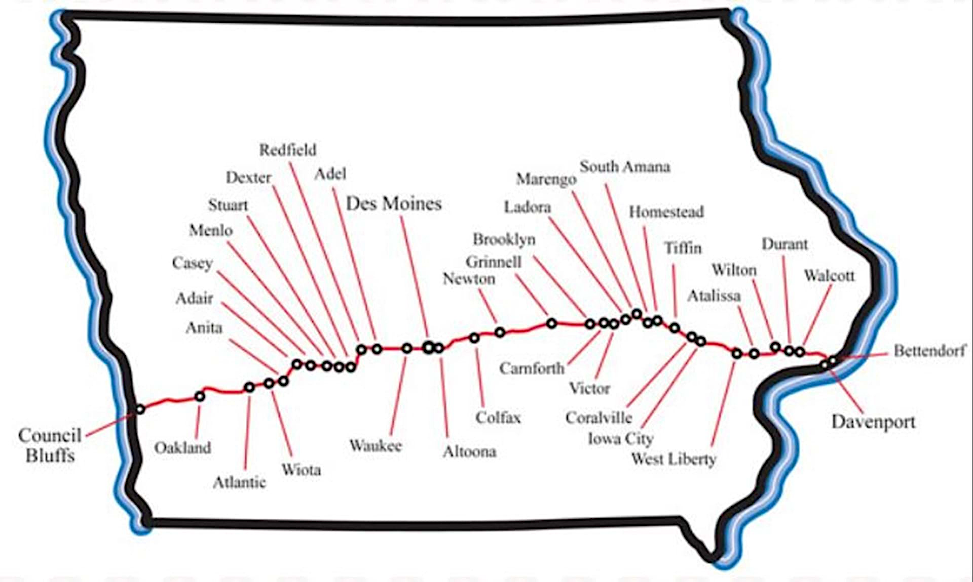 Map of Iowa showing a route from Council Bluffs to Bettendorf