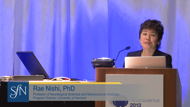 Rai Nishi at a podium speaking about increasing diversity in a neuroscience program. 