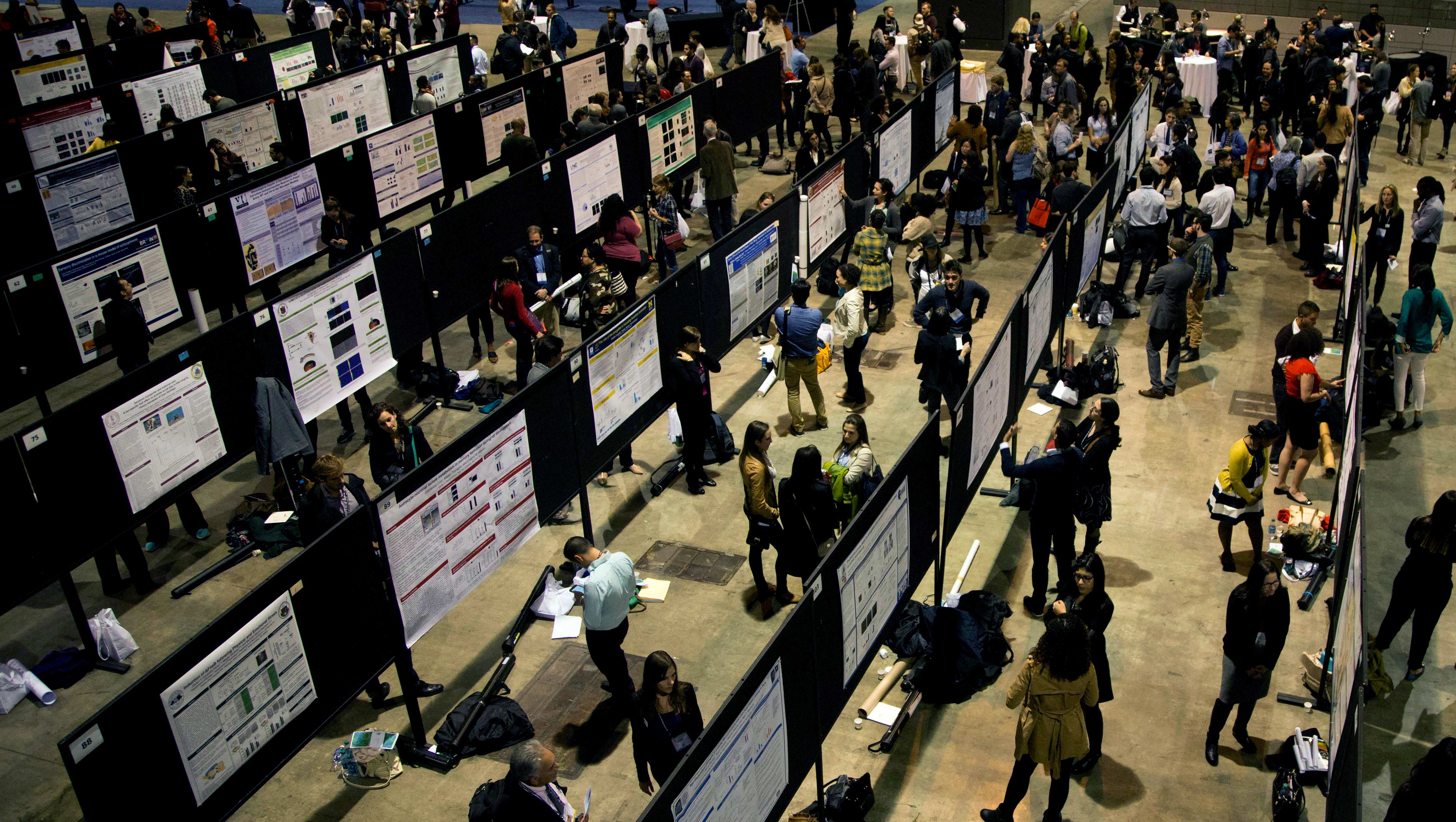 Male and female neuroscientists present their research findings at a conference via posters set up in rows.