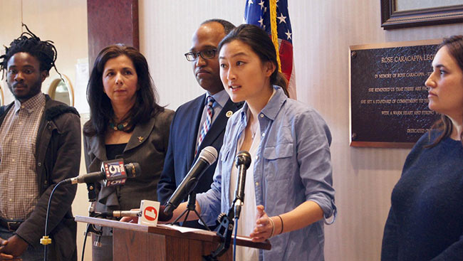 Jenn Laura Lee advocating for Raise the Age legislation at a press conference in Long Island, NY.