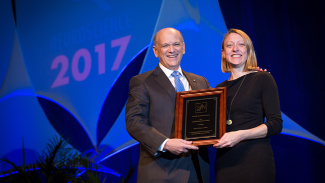 Paula Croxson receiving the Science Educator Award in 2017.