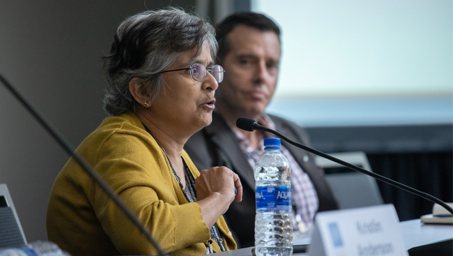 Girija Muralidhar and David Plouffe sit in front of microphones during a panel session.