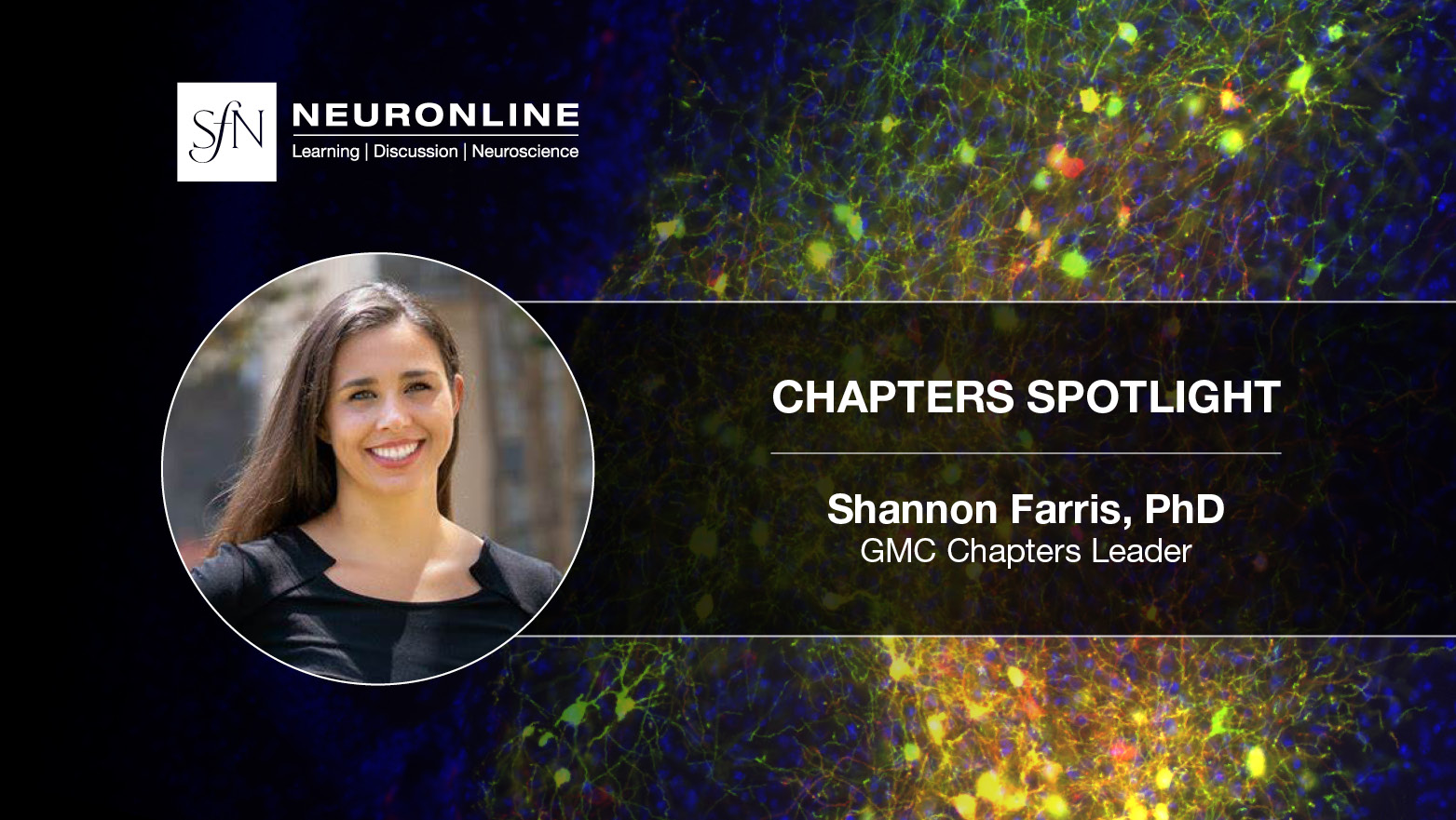 SfN Neuronline logo. Chapters Spotlight: Shannon Farris, PhD, GMC Chapters Leader.
