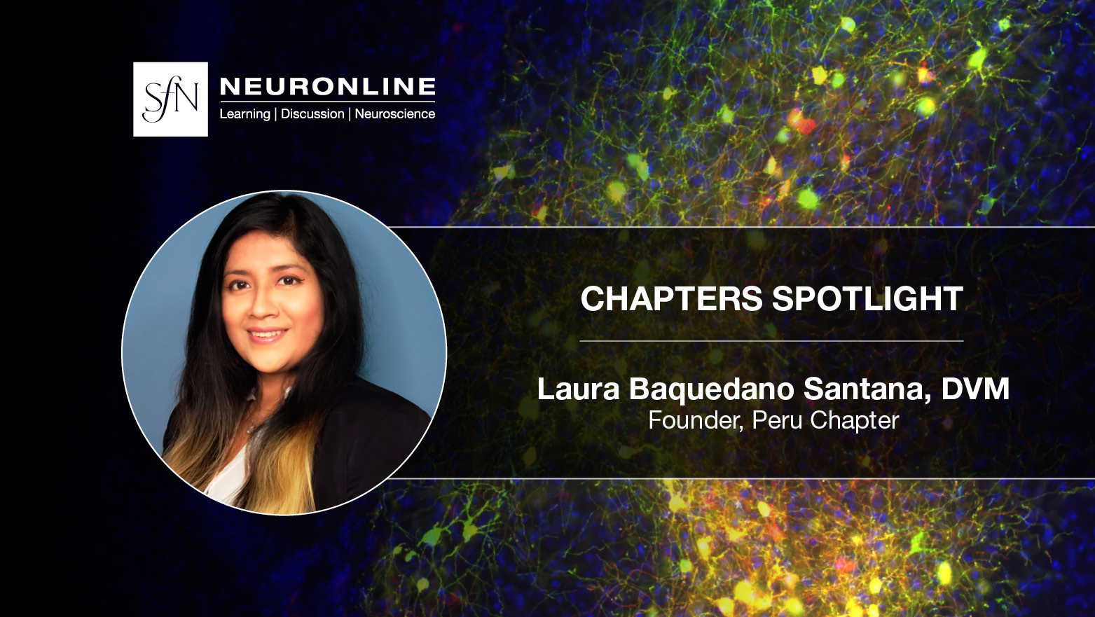 SfN Neuronline logo. Chapters Spotlight. Laura Baquedano Santana, DVM. Founder, Peru Chapter