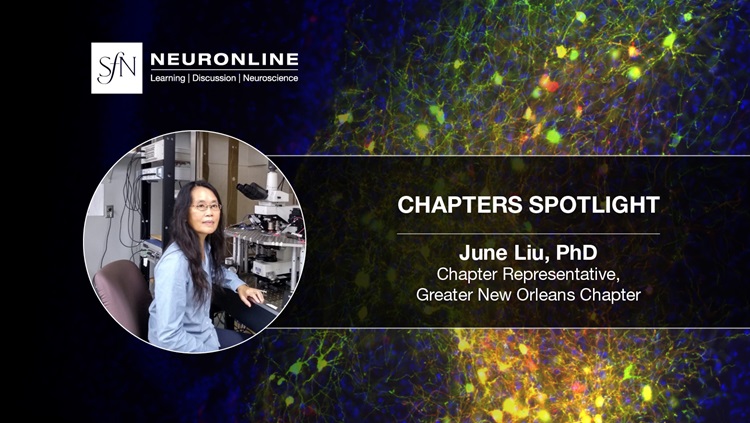 SfN Neuronline logo. Chapters Spotlight. June liu, PhD. Chapter Representative, Greater New Orleans Chapter.