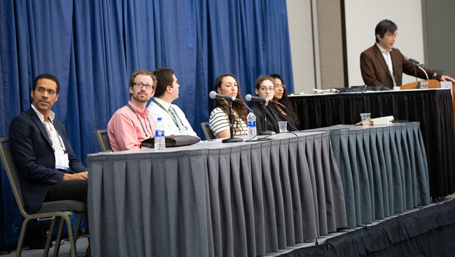 "Cultivating Leadership in Multidisciplinary Research," Professional Development Workshop panel (from L-to-R: Erich Jarvis, Alexander McCampbell, Andreas Pfenning, Lauren Shalmiyev, Stephanie Marcus, Sadye Paez, Atsushi Iriki)
