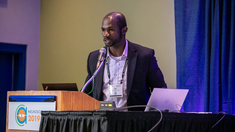 A. Bolu Ajiboye speaking during the Navigating Team Science Professional Development Workshop at Neuroscience 2019
