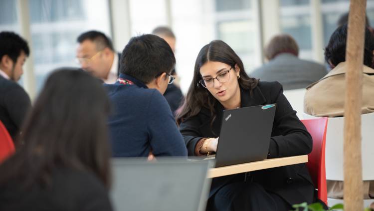 Professionals looking at work laptop