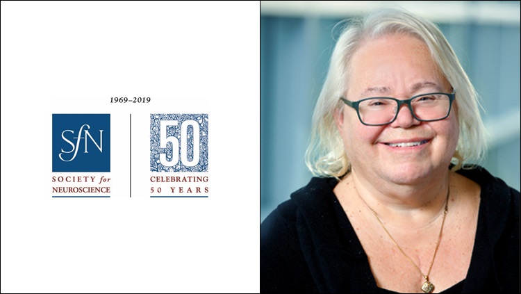 Headshot of Eve Marder next to the SfN 50th anniversary logo