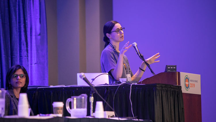 One panelist sits at a table while another speaks at the podium at Neuroscience 2019.