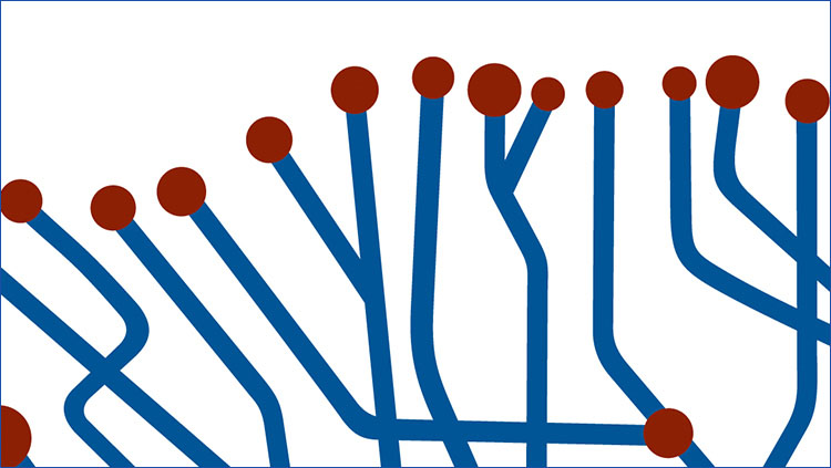 White Background with vertical blue lines that end in red dots.