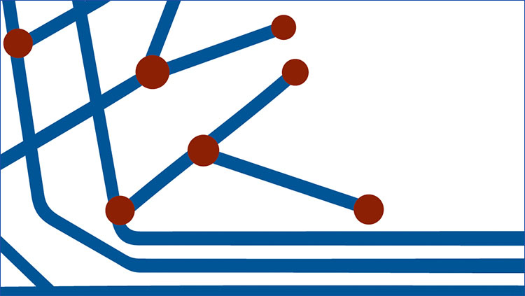 a white background with blue lines and red dots.