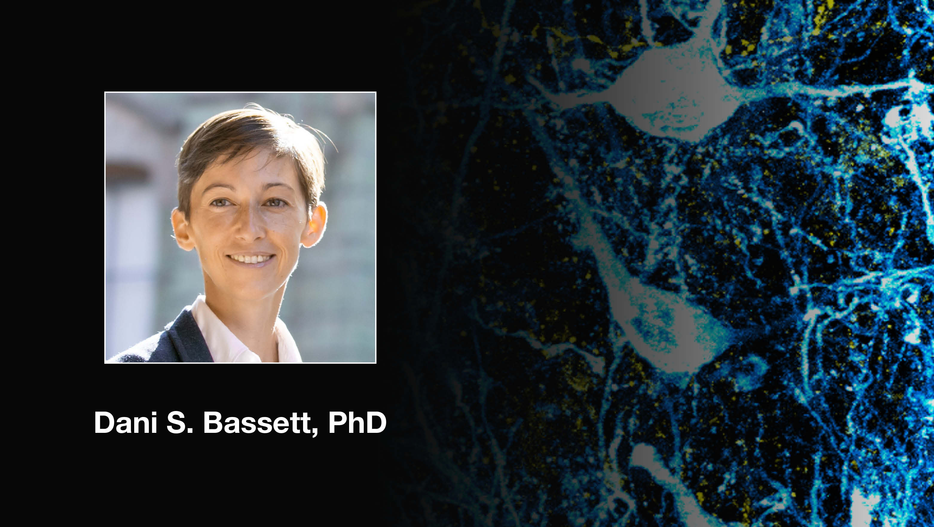 Headshot of Dani Bassett over a scientific image