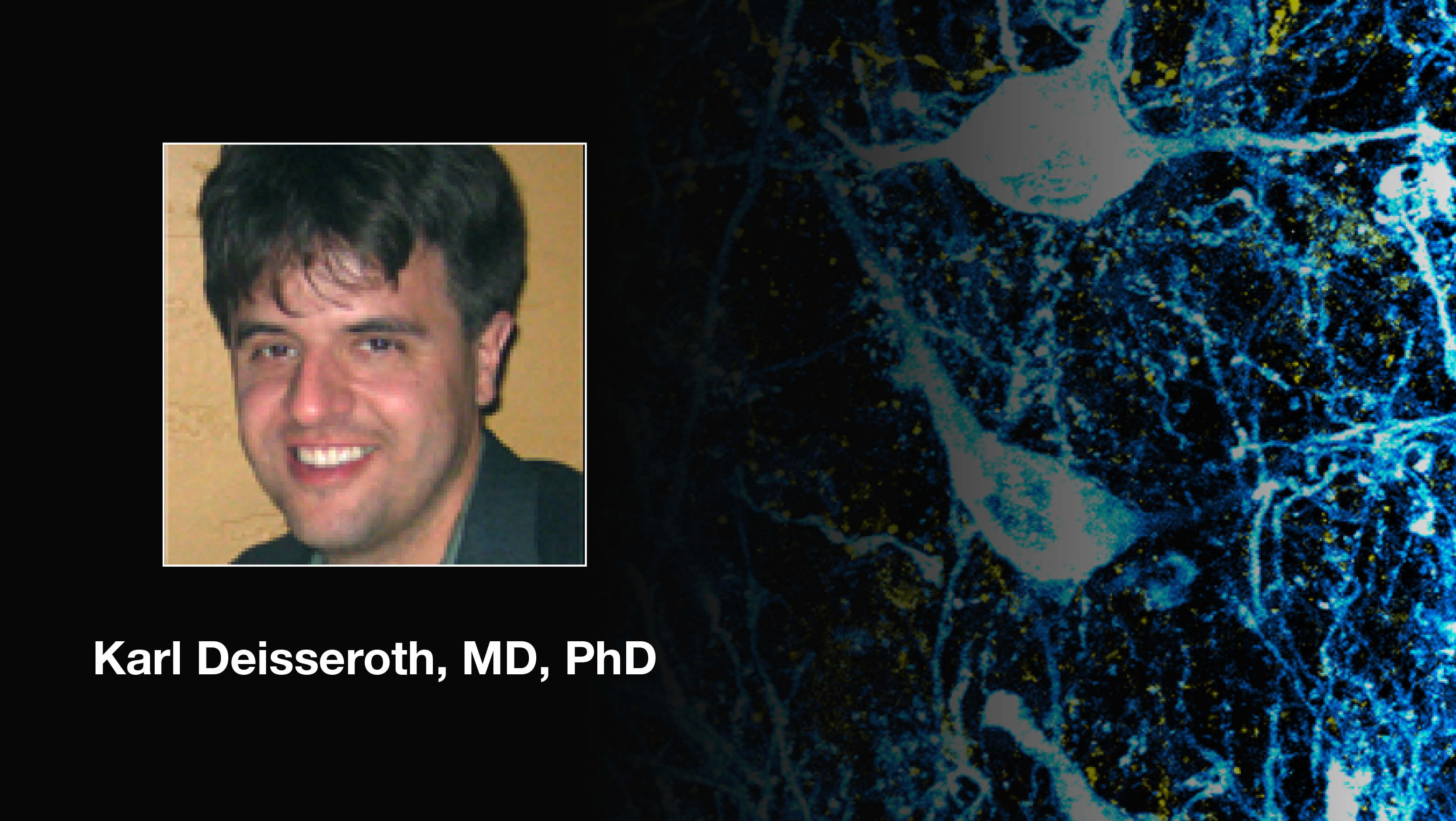 Headshot of Karl Deisseroth over a scientific image.