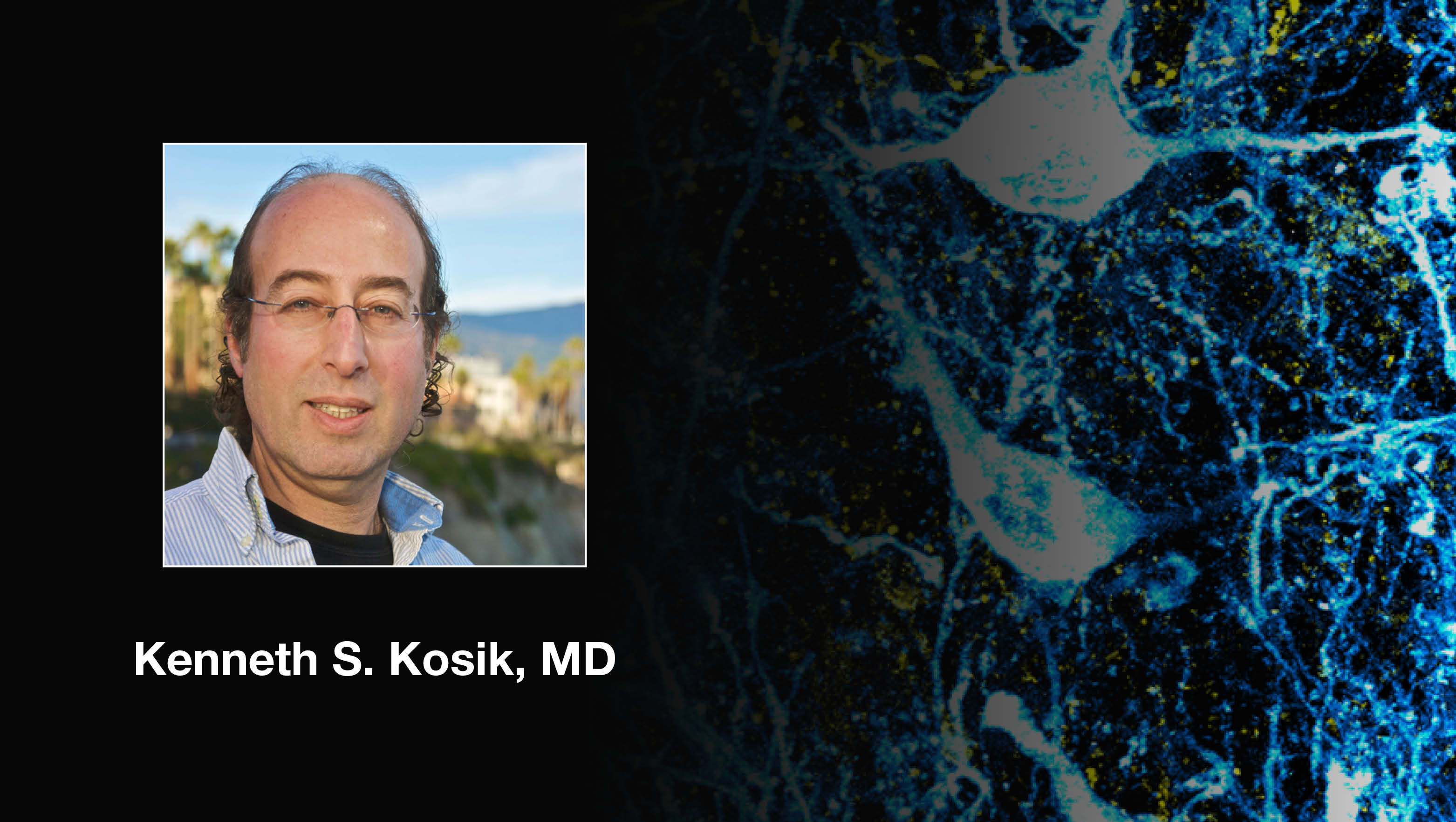 Headshot of Kenneth Kosik over a scientific image.