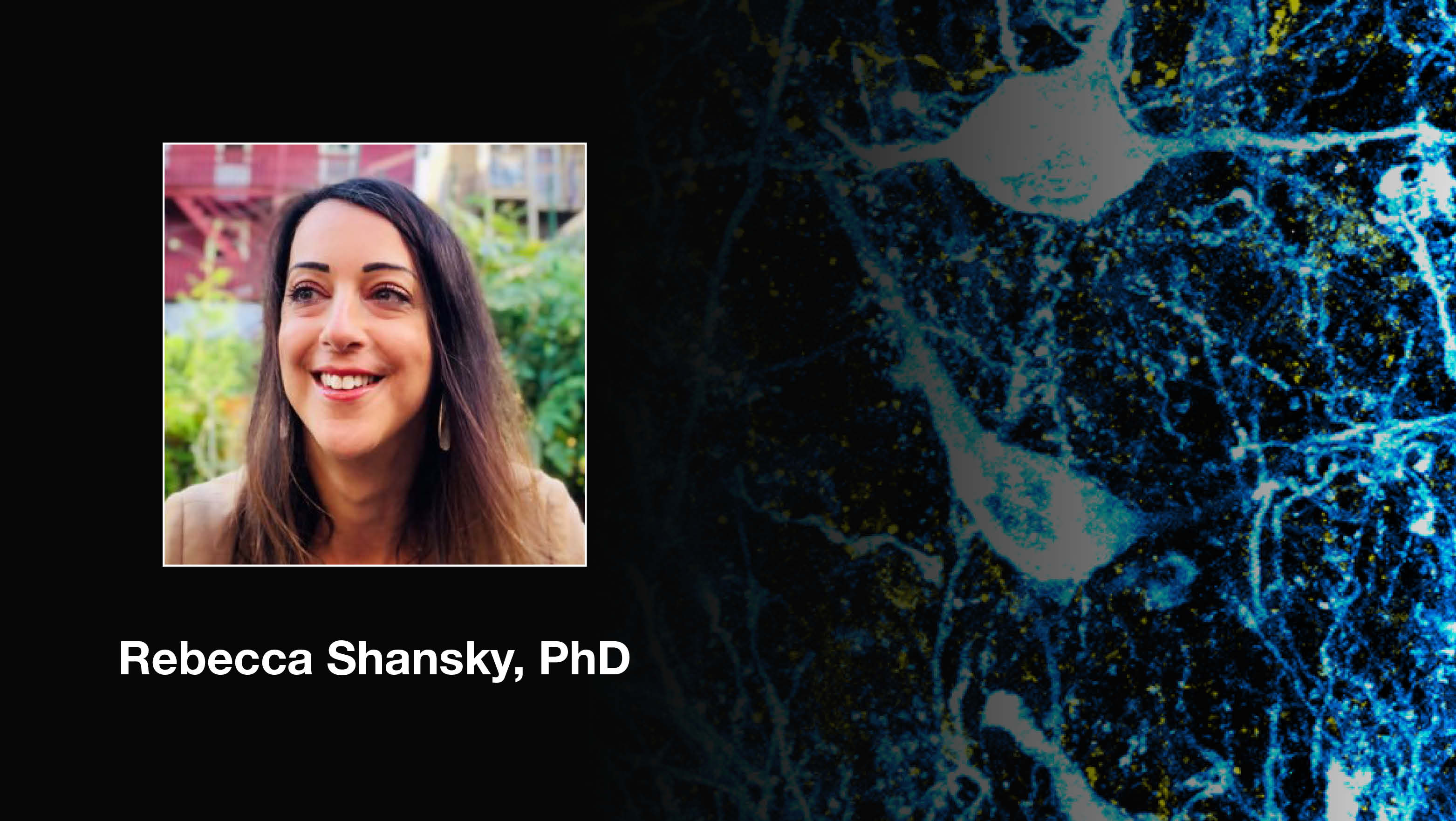 Headshot of Rebecca Shansky over a scientific image