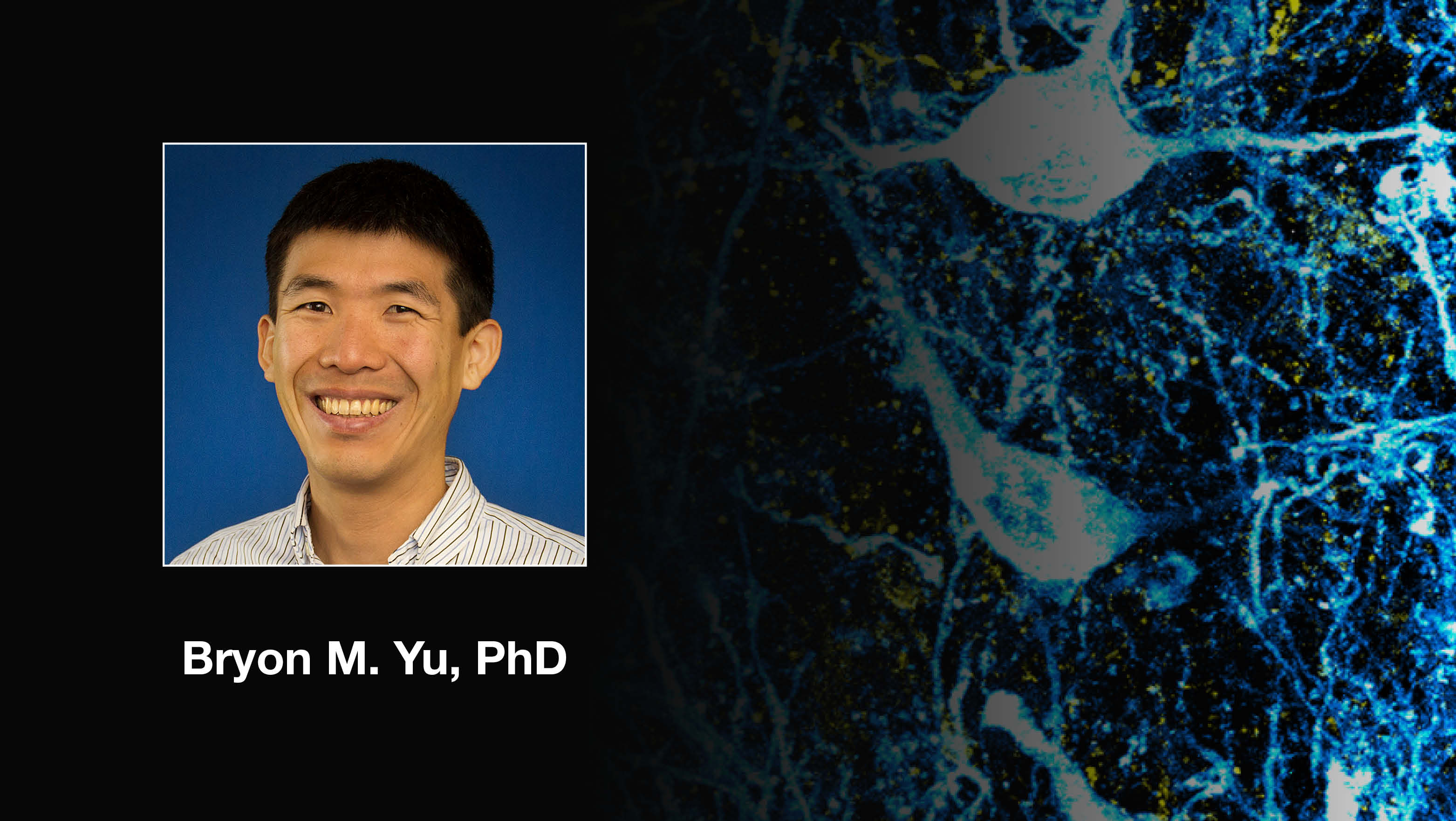 Headshot of Byron M Yu over a scientific image