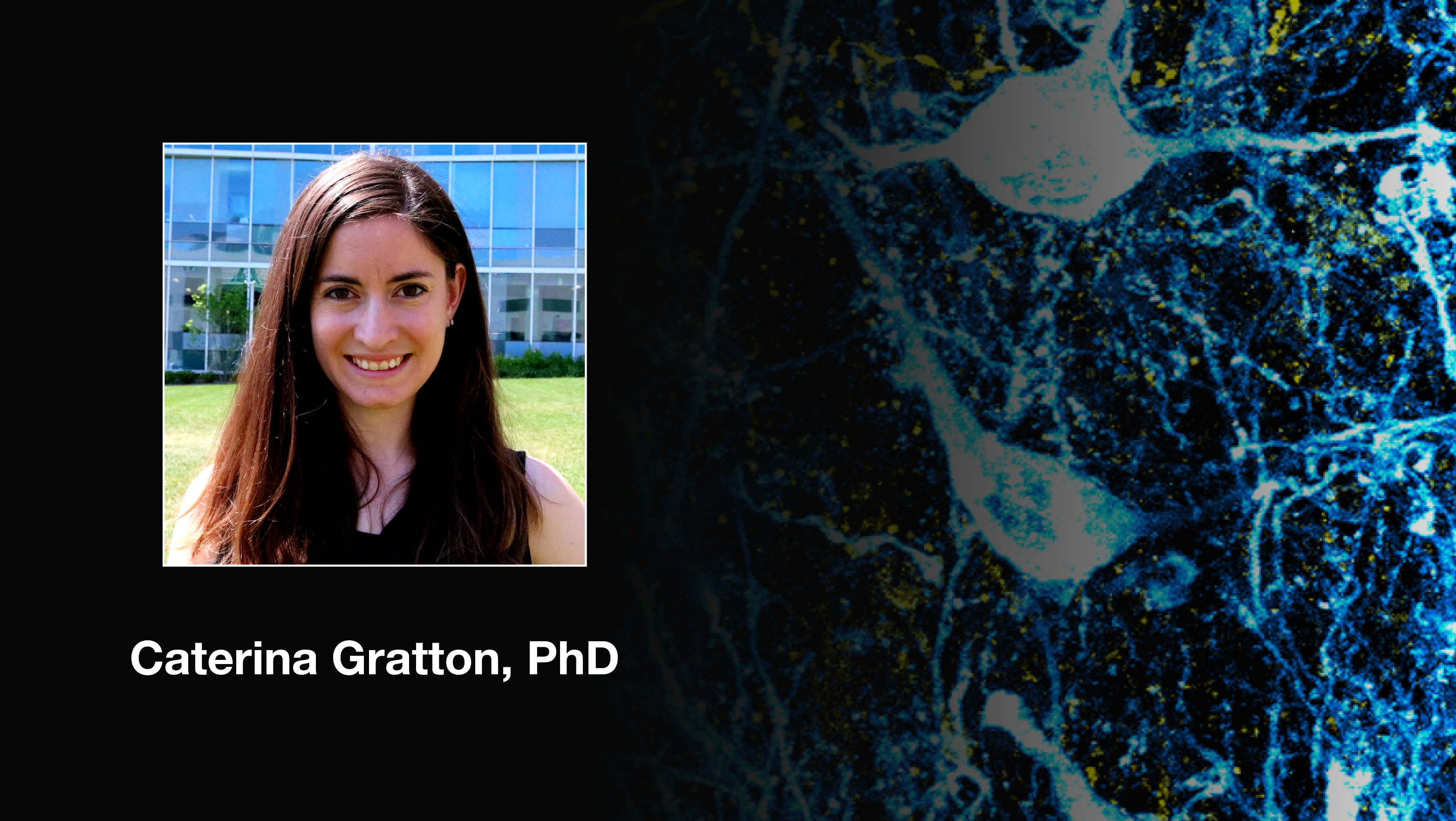 Headshot of Caterina Gratton over a scientific image