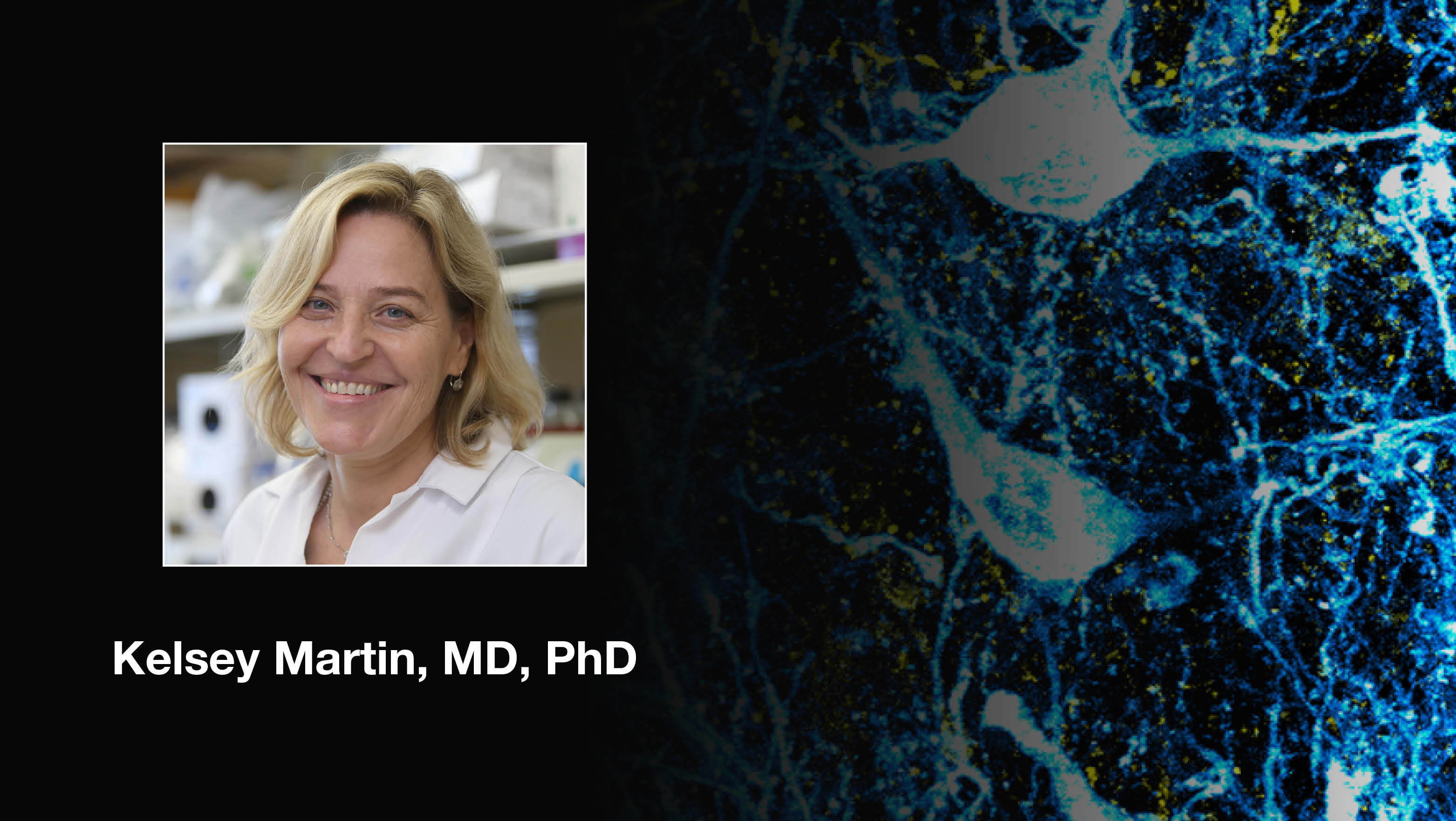 Headshot of Kelsey Martin over a scientific image