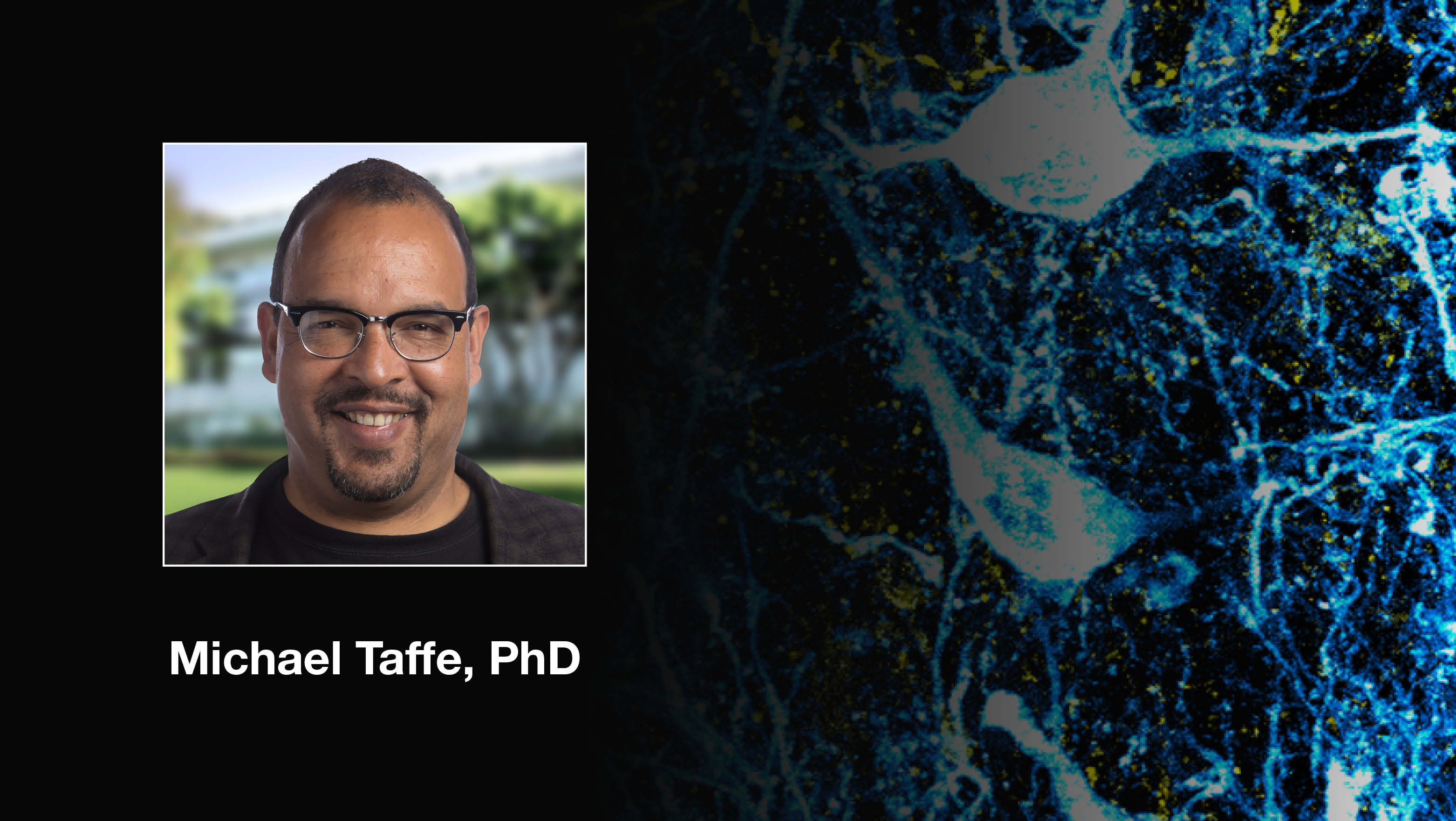 Headshot of Michael Taffe over a scientific image