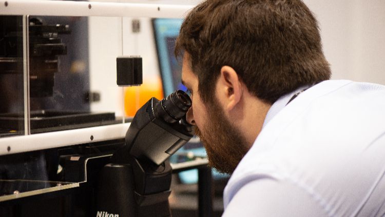 Person looking into a microscope